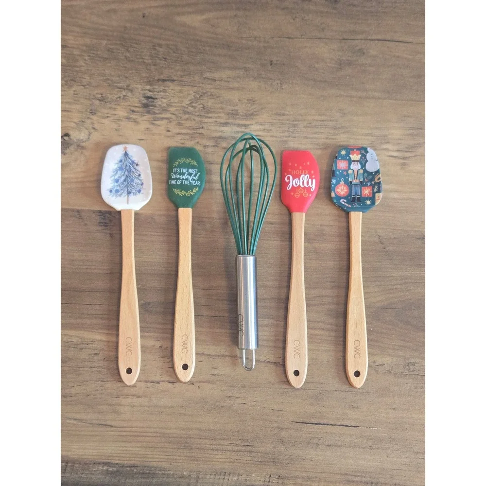 CWC Christmas Silicone Spatula and Whisk Set 5 Piece Holiday Baking Utensils